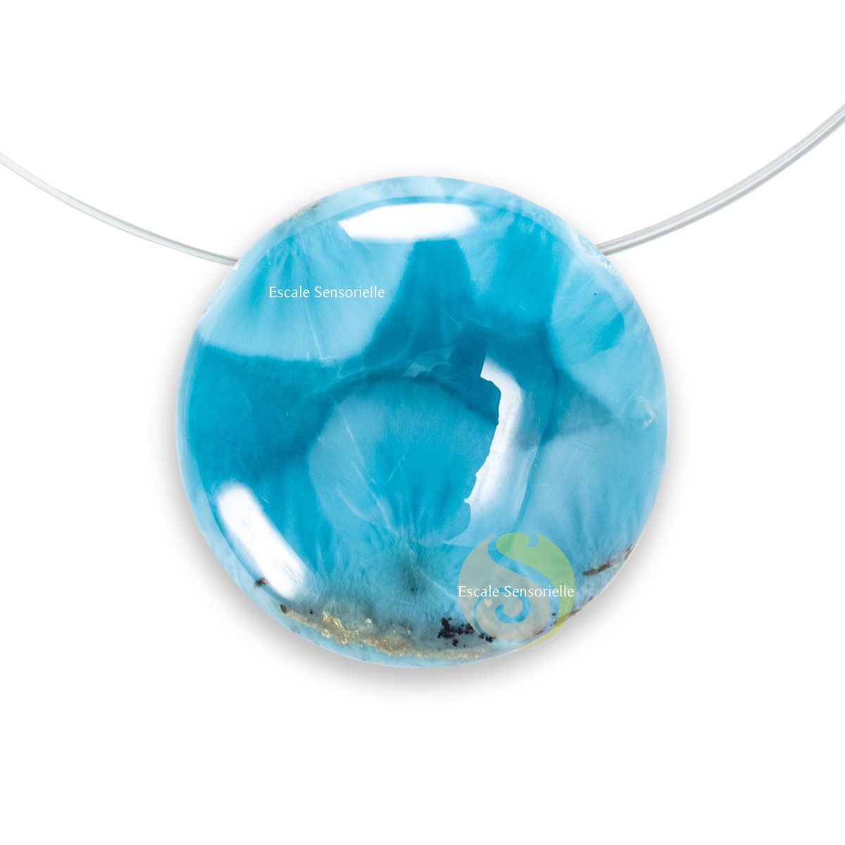 Bijou larimar pierre minérale bleue pendentif rond rare