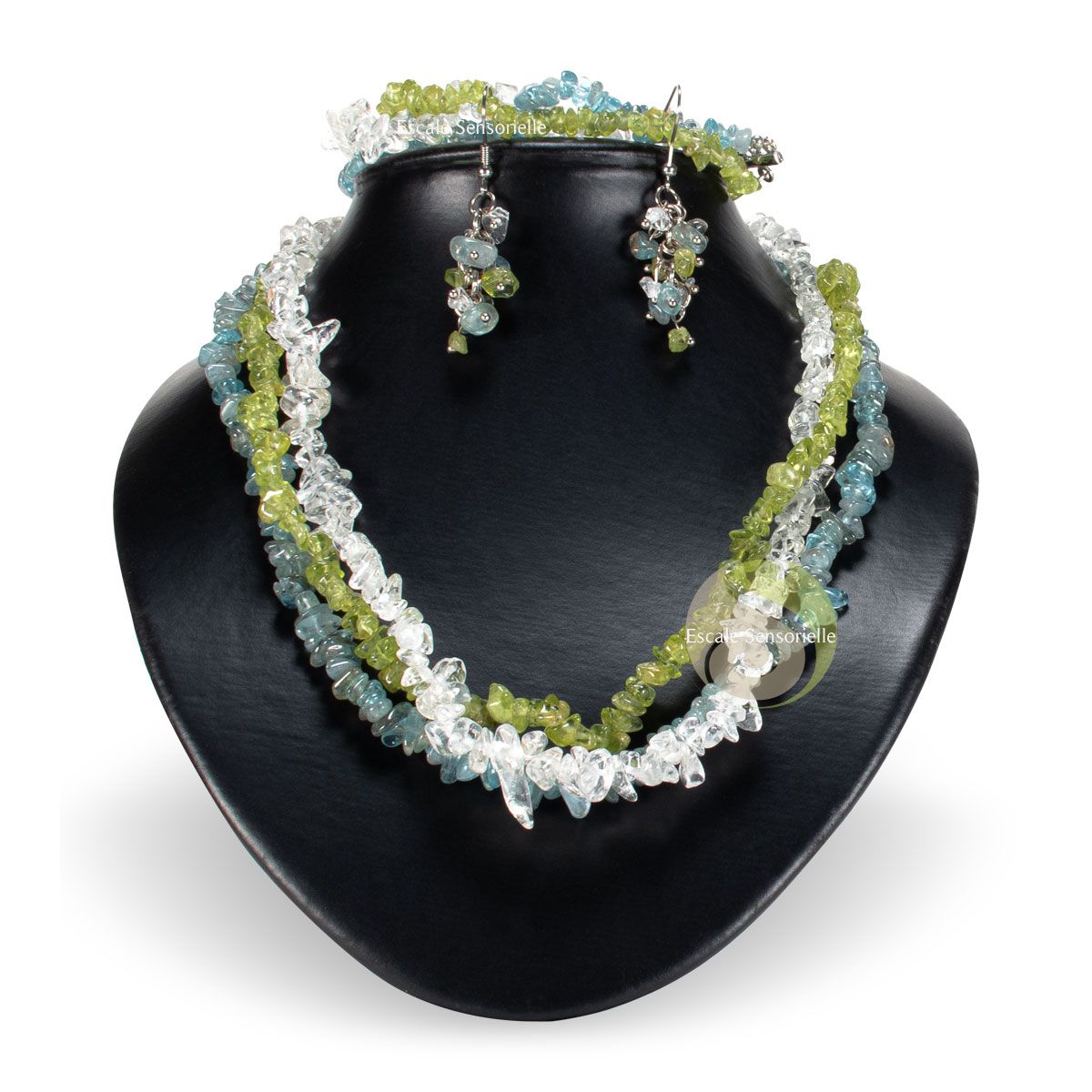 Parure de bijoux motivation 3 pièces en apatite, cristal de roche et péridot