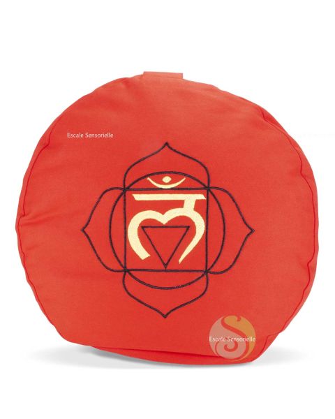 Coussin 1er chakra rouge 36cm brodé pour méditer