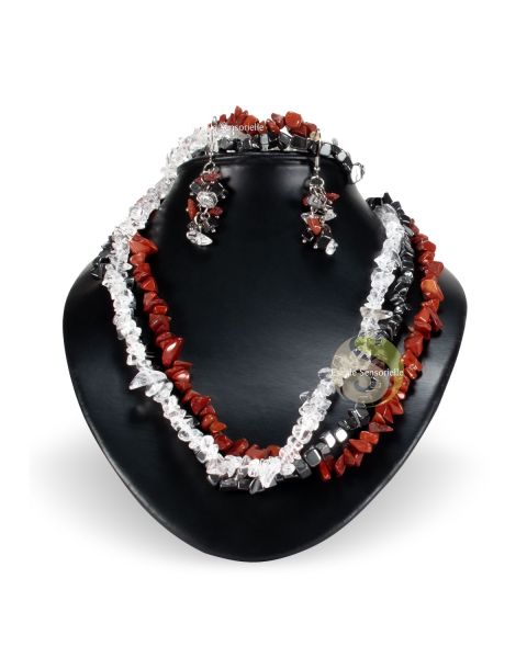 Parure de bijoux connaissance 3 pièces en cristal de roche, hématite et jaspe rouge