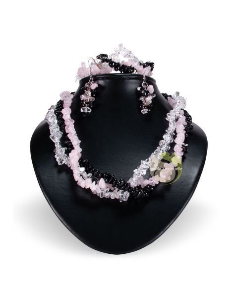 Parure de bijoux protection 3 pièces en cristal de roche, quartz rose et tourmaline